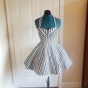 Halloween Black White Stripe Halter Dress Beetlejuice Pinup Rockabilly S
